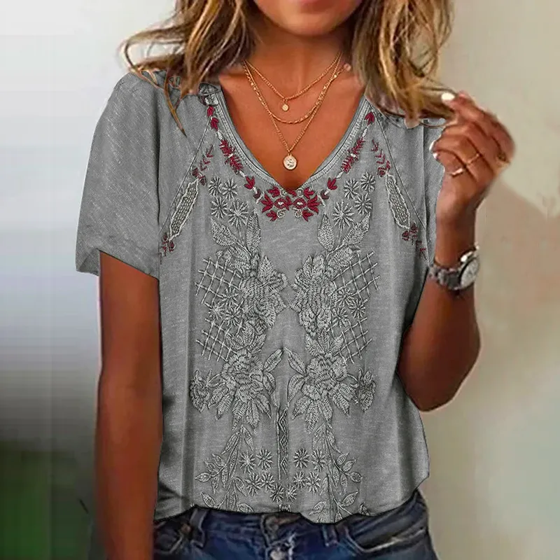 Western Retro Patterned Printing Casual T Shirt