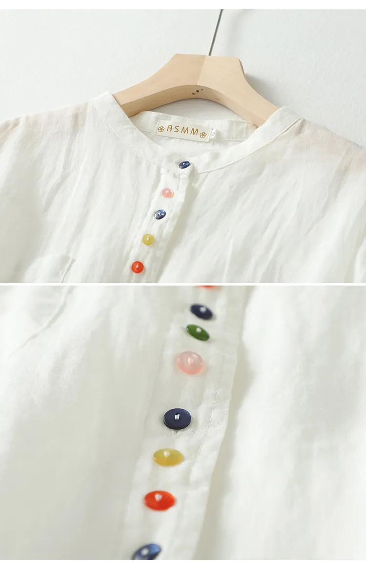 Art retro cotton linen color button irregular shirt