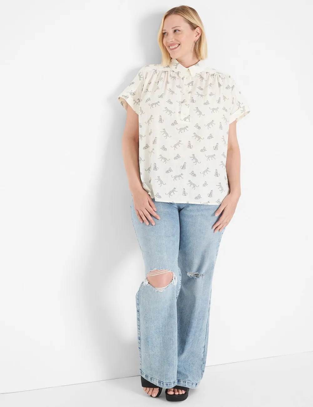 Short-Sleeve Collared Popover Blouse