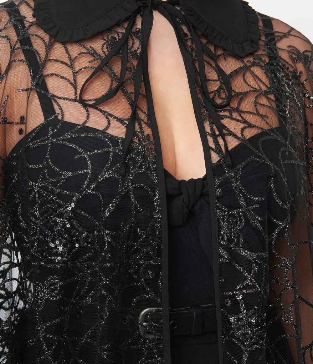 Unique Vintage Black Glitter Spiderweb Mesh Cape