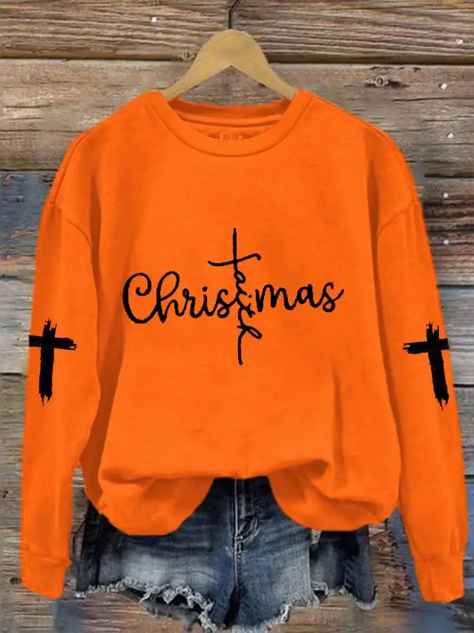 Women's Christmas Faith CRoss Print Crew Neck Sweatshirt