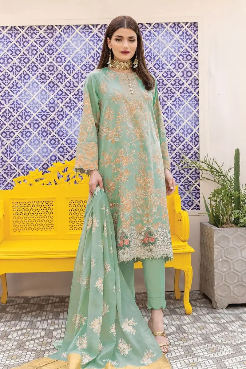 3 Piece Kurta Embroidered | Dupatta& Bottom & Tops | Color light green