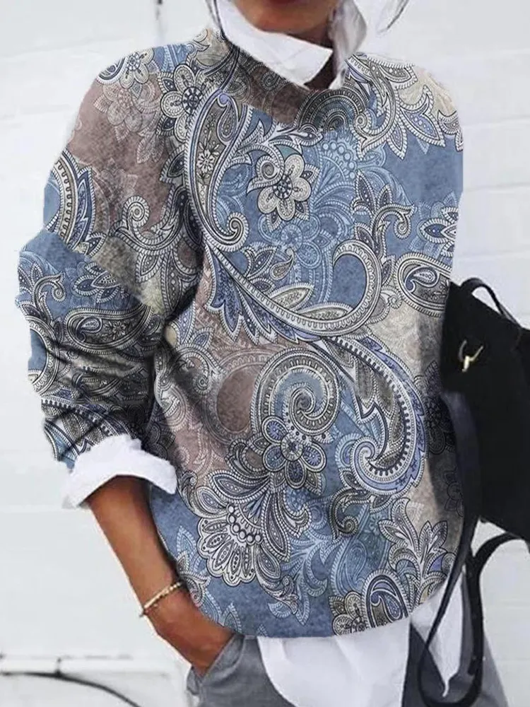 Cashew Flower Petal Print Crew Neck Vintage Sweatshirt