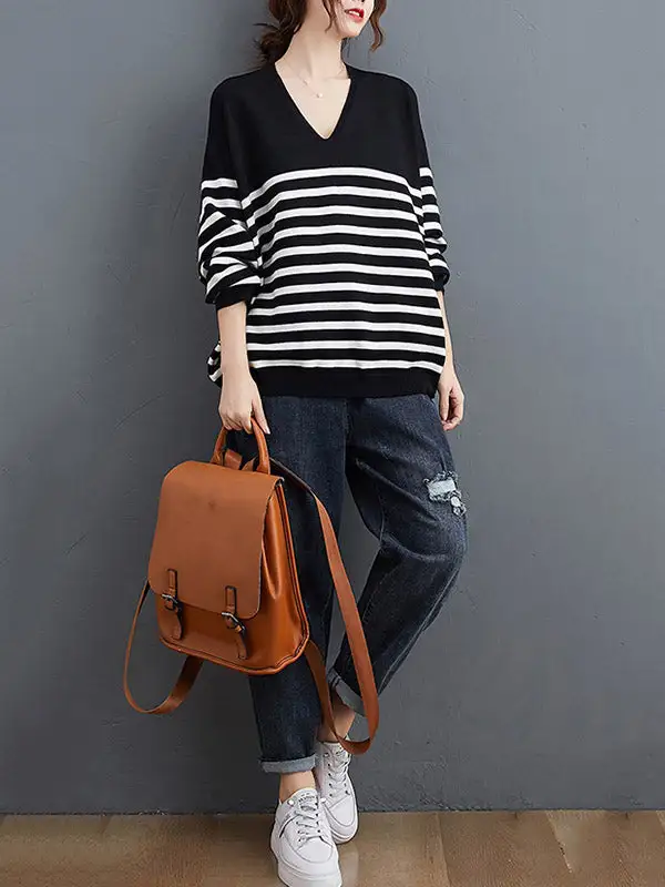 Artistic Retro Casual Loose Striped V-Neck Long Sleeves Knitted Sweater