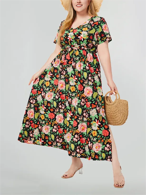 Floral V-Neck Belted Split Wrap Dress