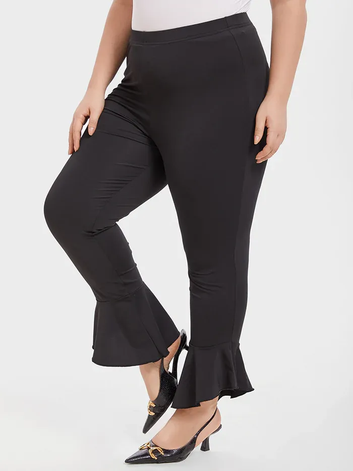 Solid Elastic Waist Flare Leg Pants