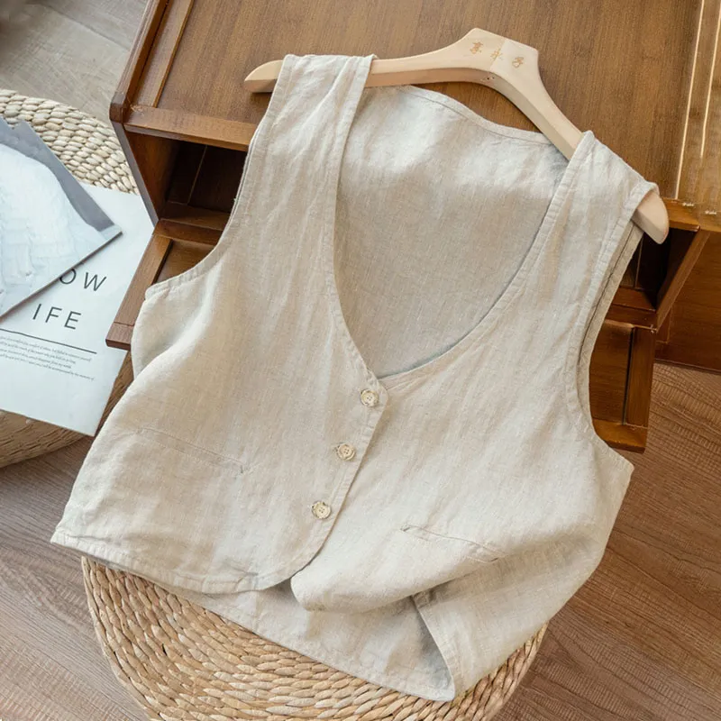 Literary and retro cotton and linen vest with top