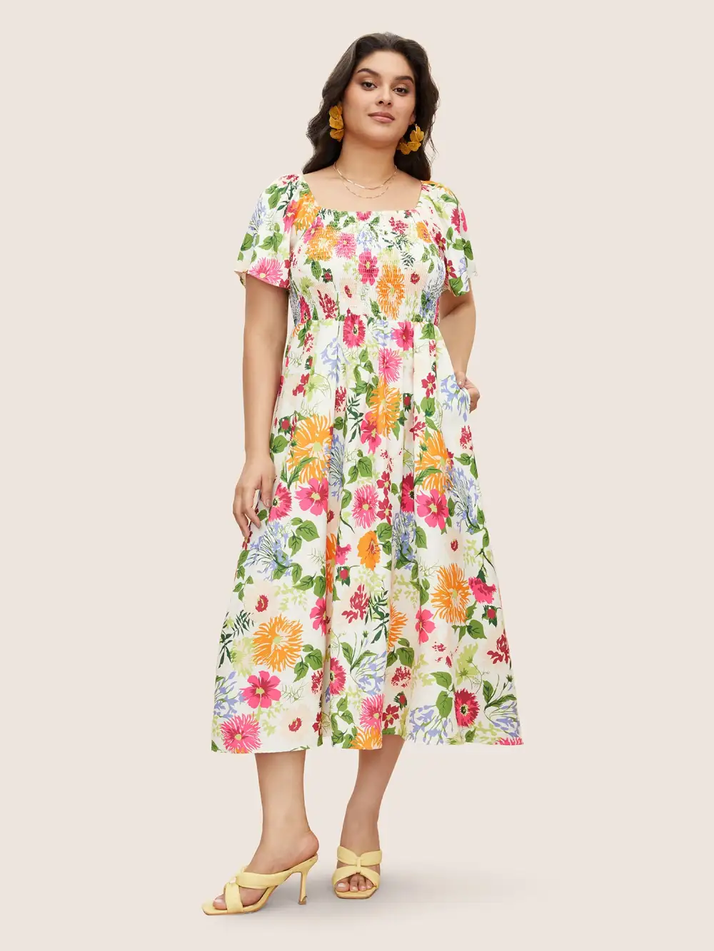 Floral Backless Shirred Square Neck Pocket Ruffle Hem Dress