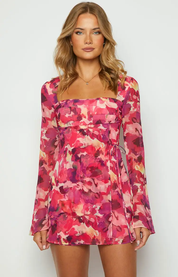 Lucy Pink Print Long Sleeve Mini Dress