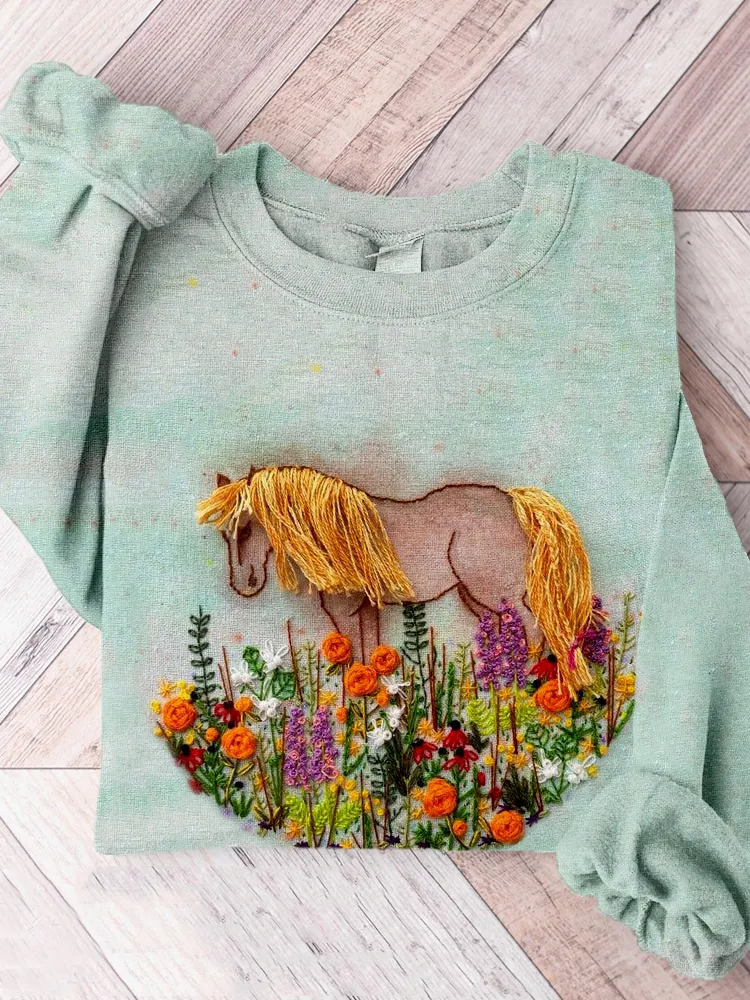 Horse in Wildflowers Embroidery Art Comfy Sweatshirt