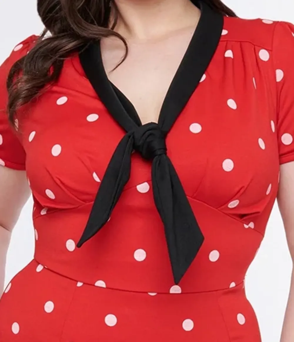 Unique Vintage Plus Size Red & White Polka Dot Neck Tie Wiggle Dress