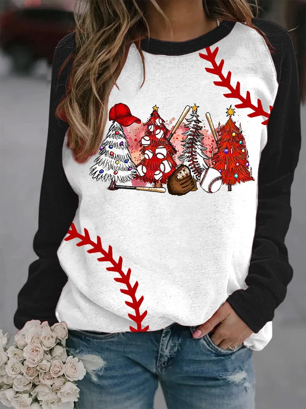 Women's Merry   Baseball Print Long Sleeve Top