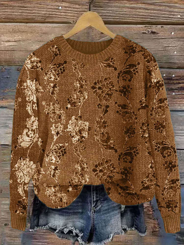 Turquoise Floral Velvet Art Cozy Knit Sweater