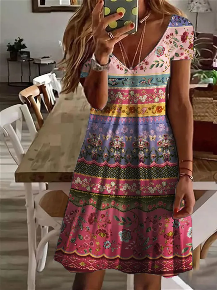 Ethnic Floral Colorblock Art V Neck Midi Dress