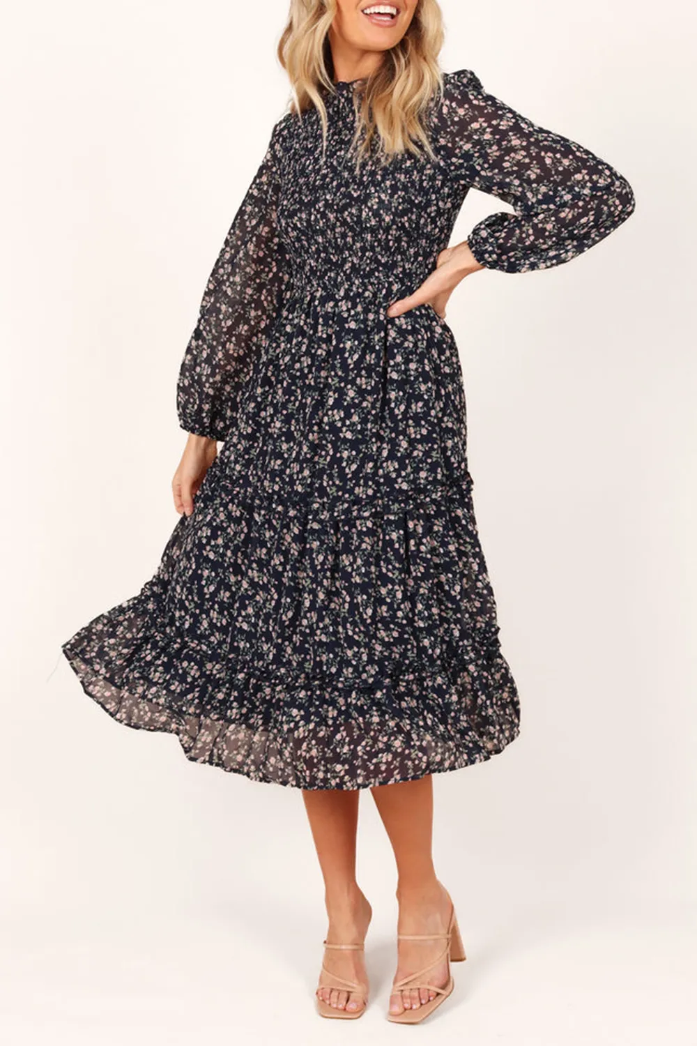 EDWINA SHIRRED FRILL LONG SLEEVE MIDI DRESS - NAVY FLORAL