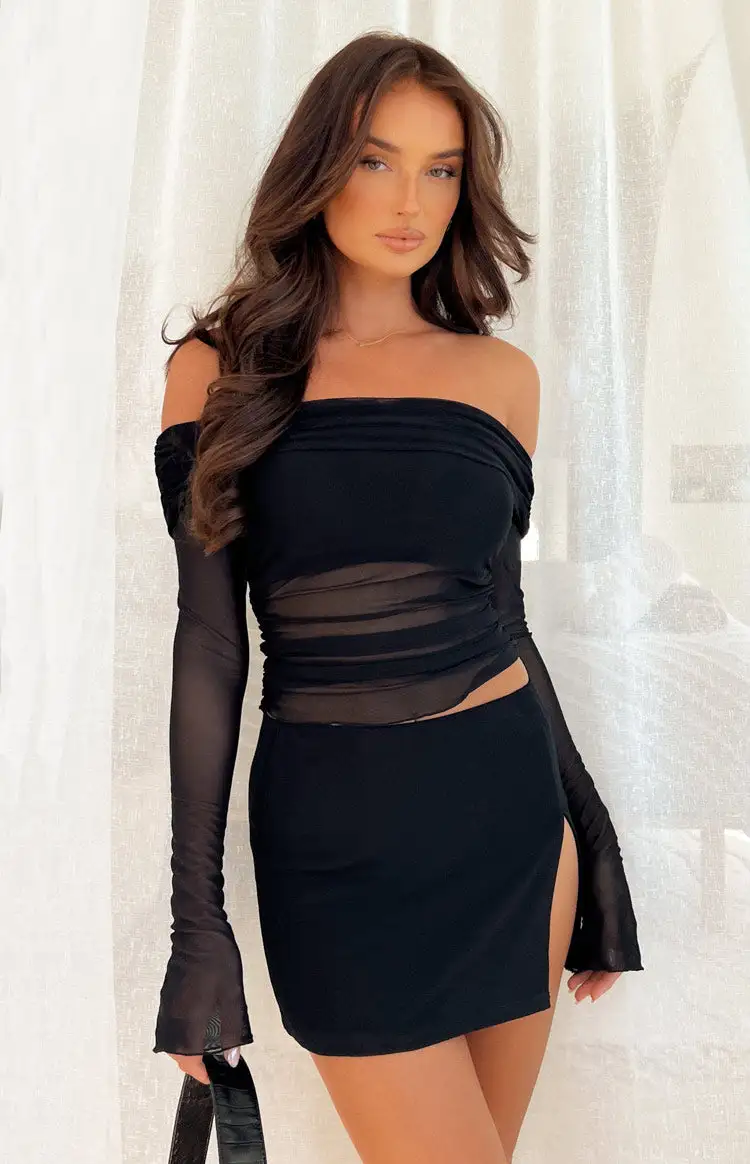 Sky Black Mesh Off Shoulder Top