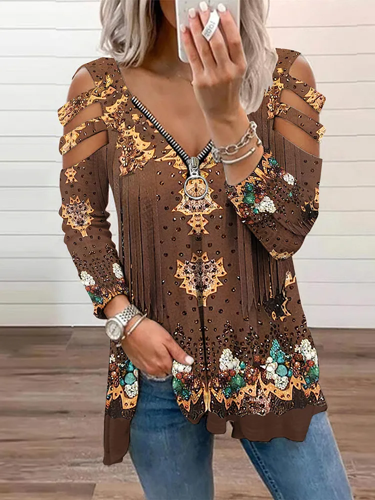 Western Tribal Tassels Geometry Printed Zip Up T Shirt