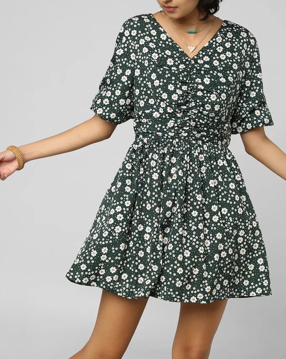 Green Floral Print Mini Dress