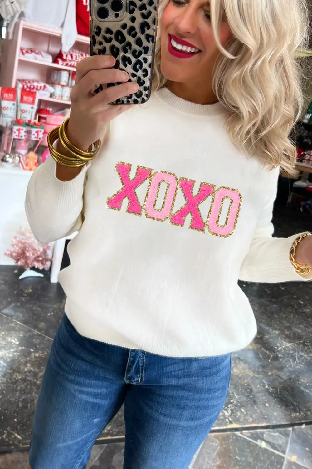 XOXO Glitter Print Round Neck Casual Sweater