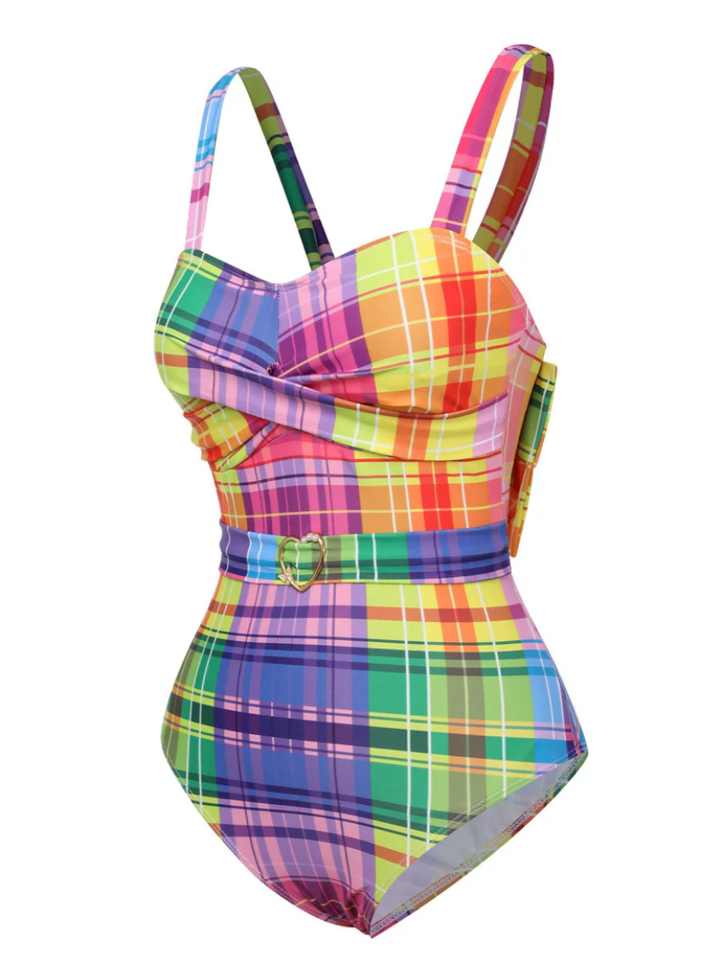 MULTICOLOR 1970S RAINBOW PLAID BOW SWIMSUIT