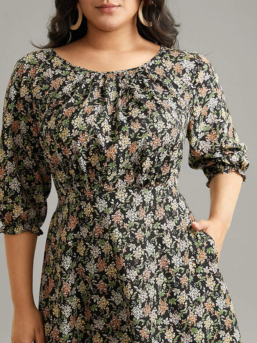 Crew-neck spliced plus-size floral dress for women