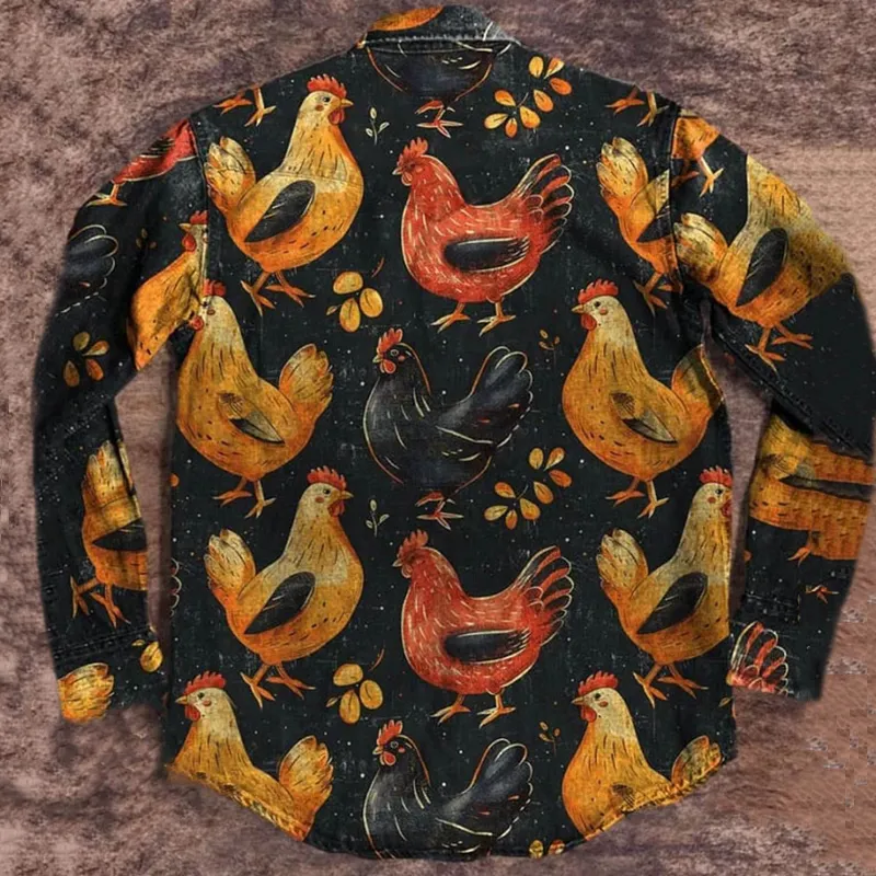 Unisex Vintage Chicken Print Casual Shirt