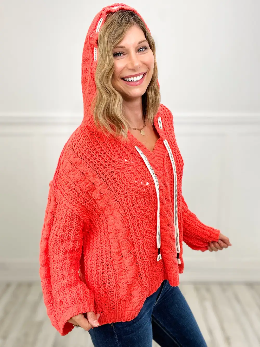 Bitter Sweet Symphony V-Neck Hooded Cable Knit Chenille Sweater