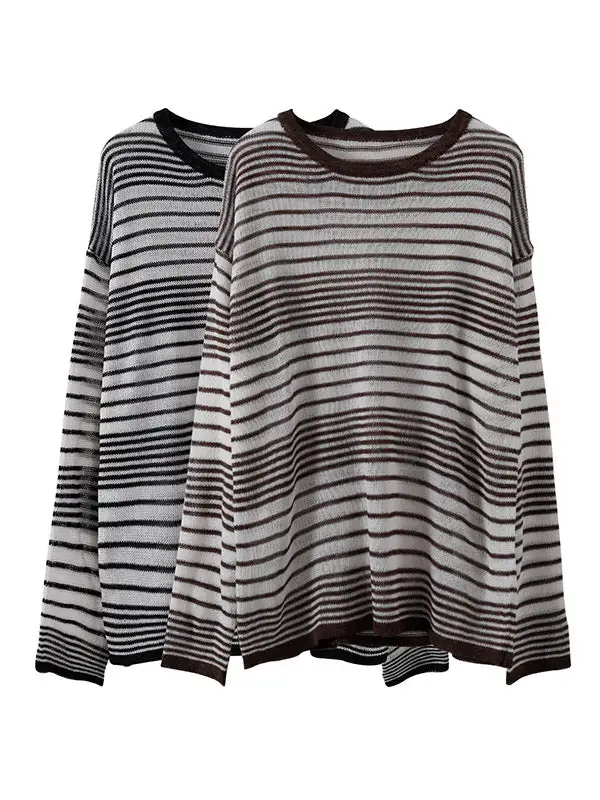 Casual Striped Round-Neck Long Sleeves Knitwear Tops