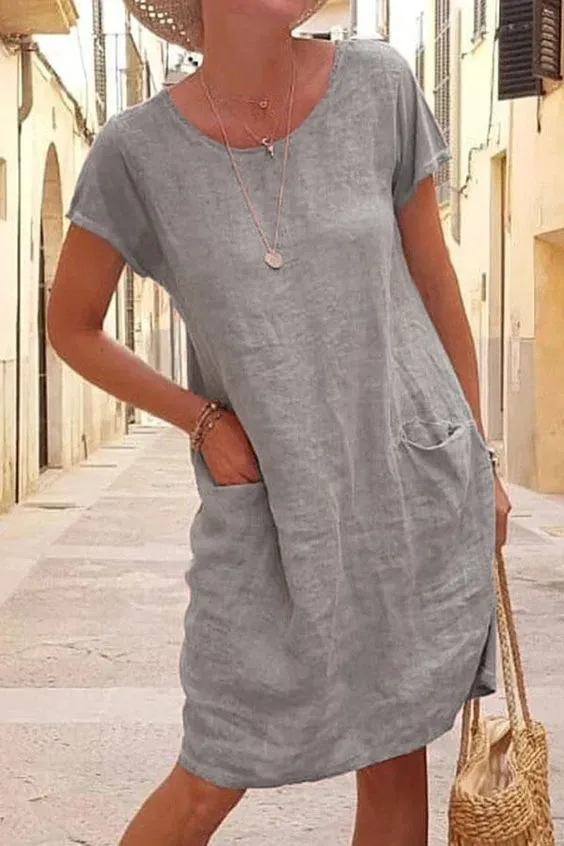 Women Summer Loose Pocket Short Sleeve Round Neck Linen Dress