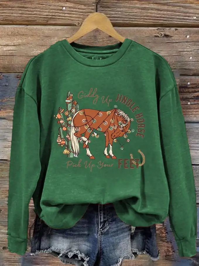 Women's Giddy Up Jingle Horse Pick Up Your Feet Printed Sweatshirt