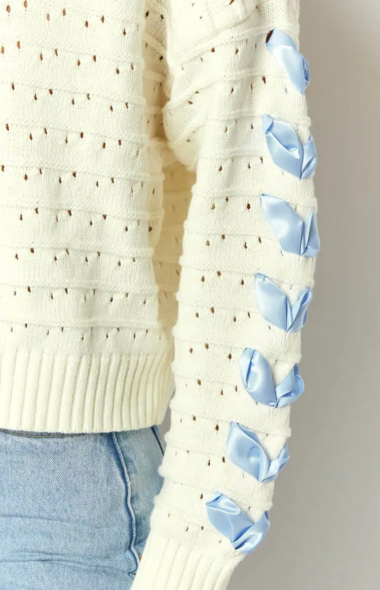 Darling White Knit Blue Ribbon Sweater