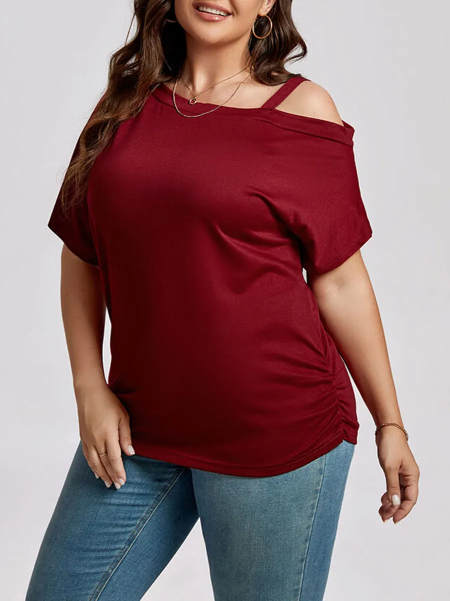 Plus Wine Red Cold Shoulder Batwing Sleeve Ruched Tee