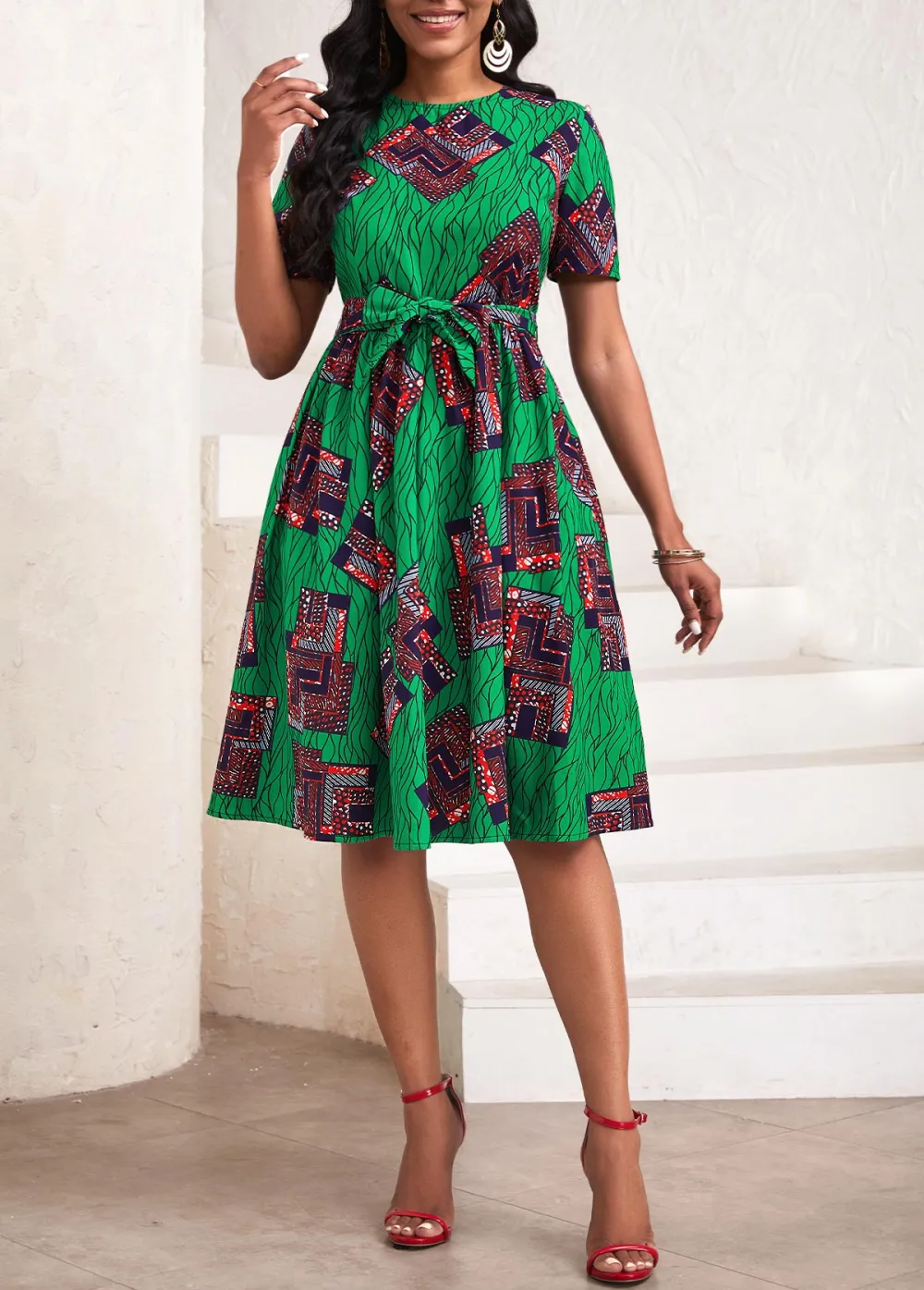 African Tribal Print Pocket Belted Green Short Sleeve Dress