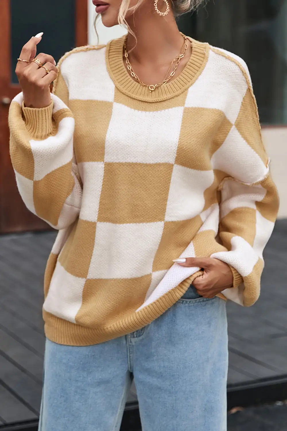 Checkered Bishop Sleeve Sweater