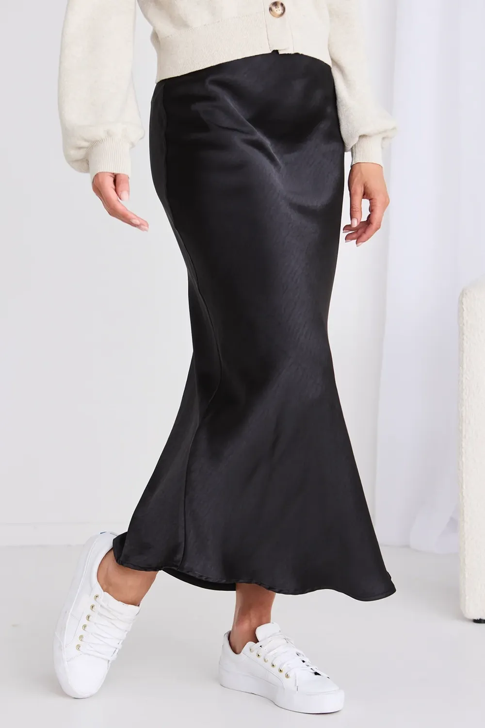 Ivy Black Satin Bias Midi Skirt