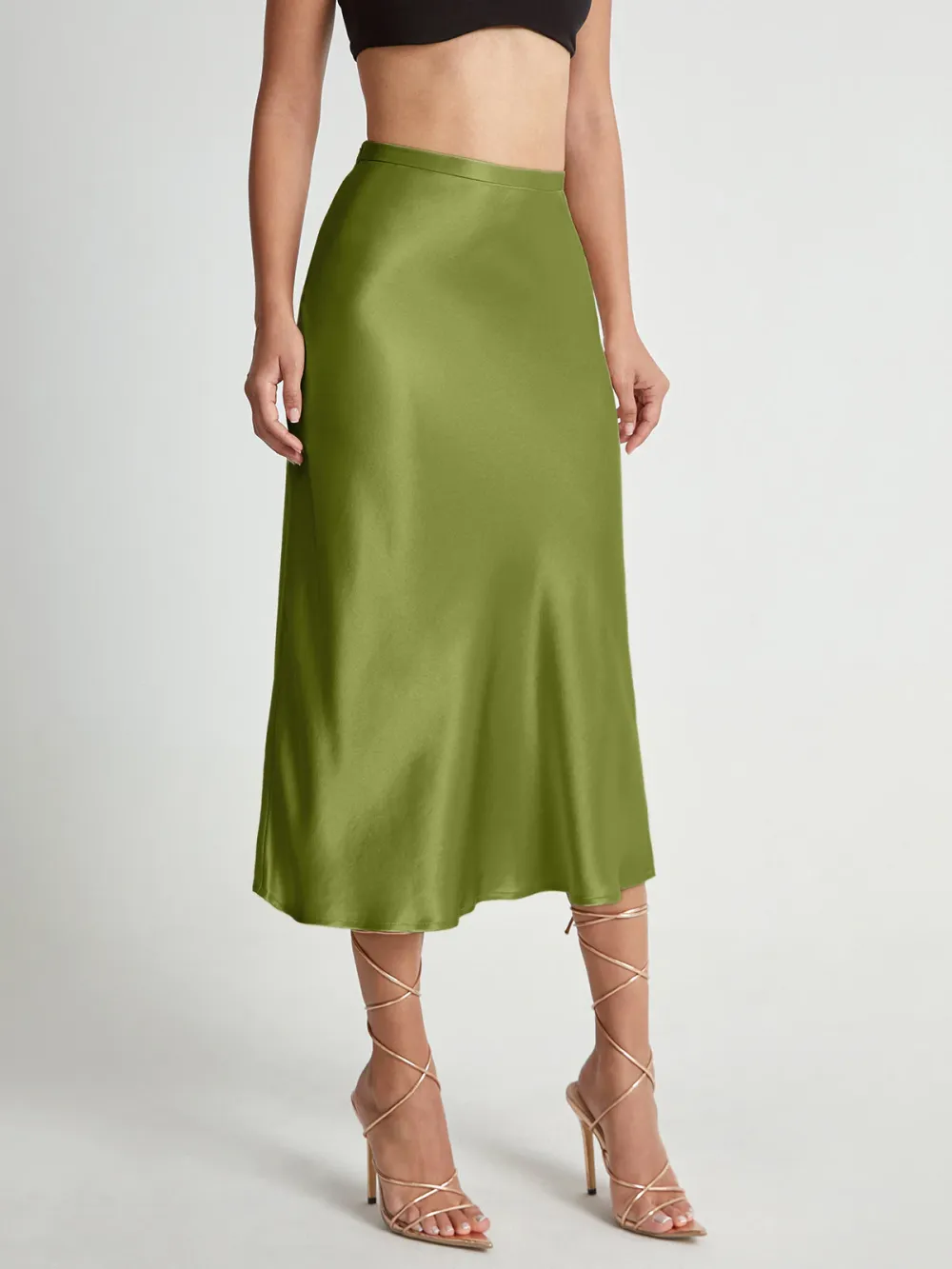 High Waisted Satin Flowy Midi Skirt