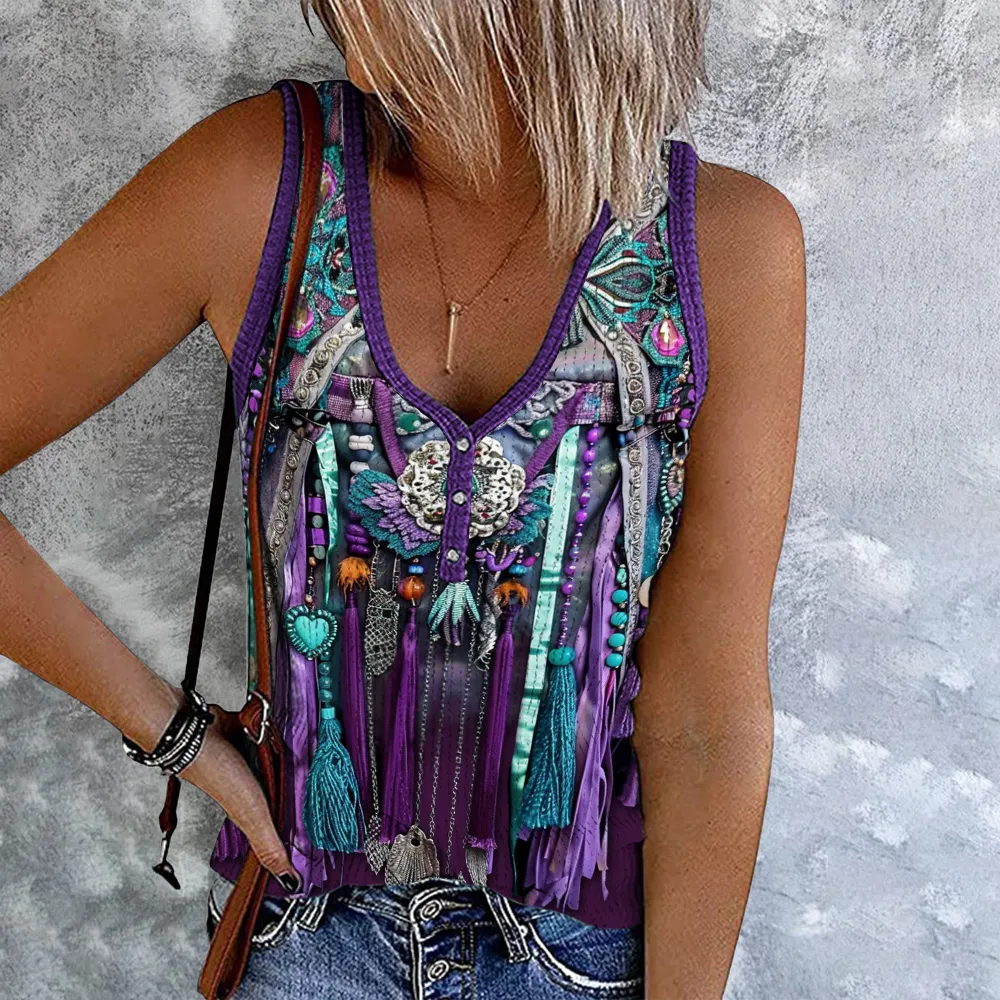 Vintage Tassel Printed V-Neck Casual Tank Top