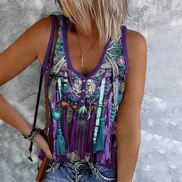 Vintage Tassel Printed V-Neck Casual Tank Top