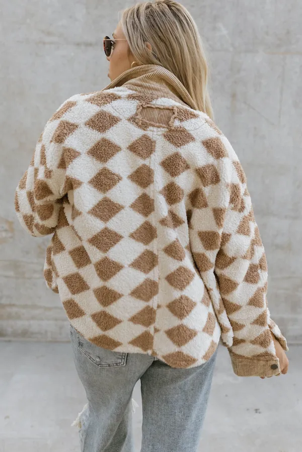 Apricot Geometric Pattern Corduroy Patch Pockets Sherpa Jacket