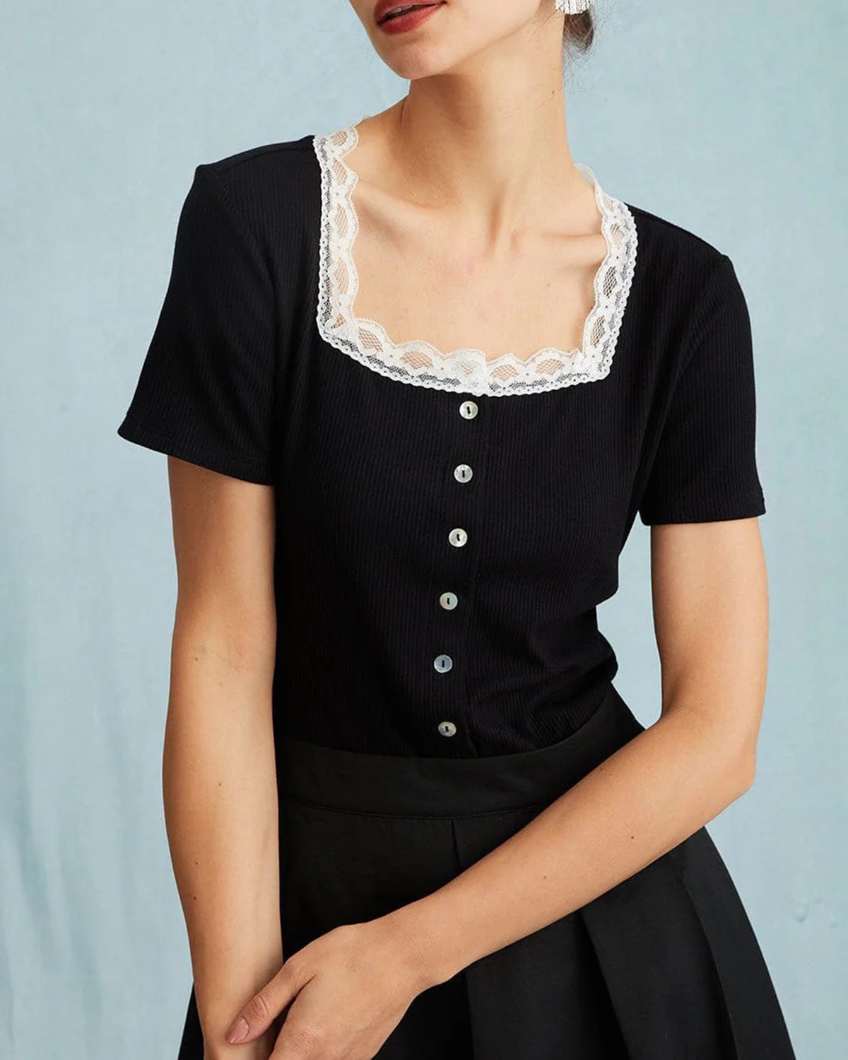 The Black Square Neck Ribbed Lace Trim Knit Tee