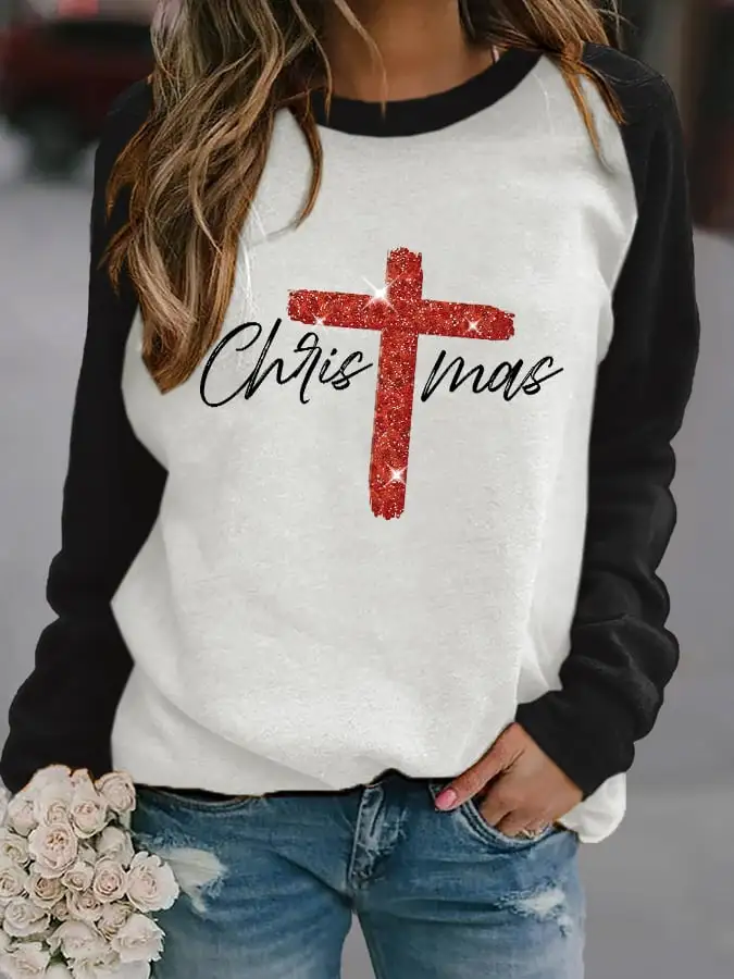 Retro Christmas Faith Cross Print Sweatshirt