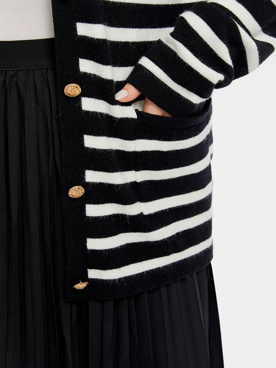 Striped Pattern Double Pocket Button Front Tunic Cardigan