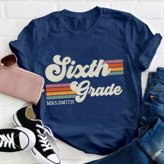 Personalized Grade And Name Retro Horizontal Stripes Teacher T-Shirt