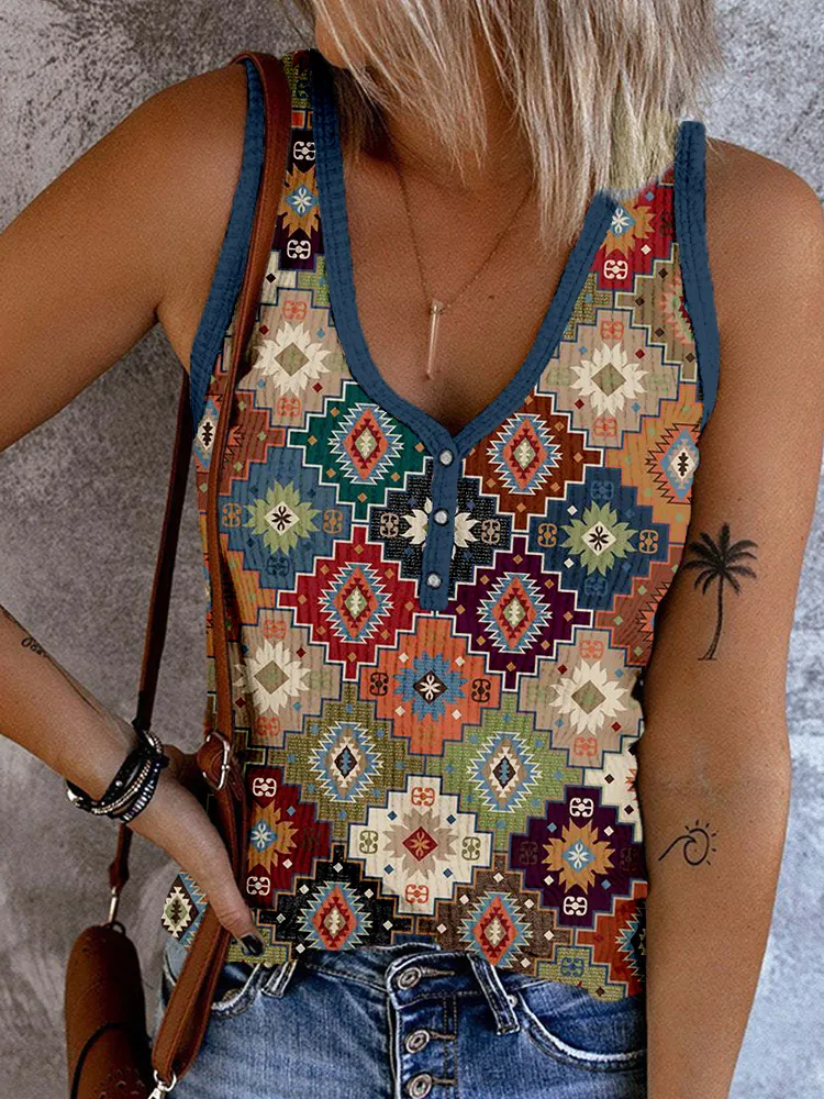 Vintage Ethnic Pattern Print Button Up Comfy Tank Top