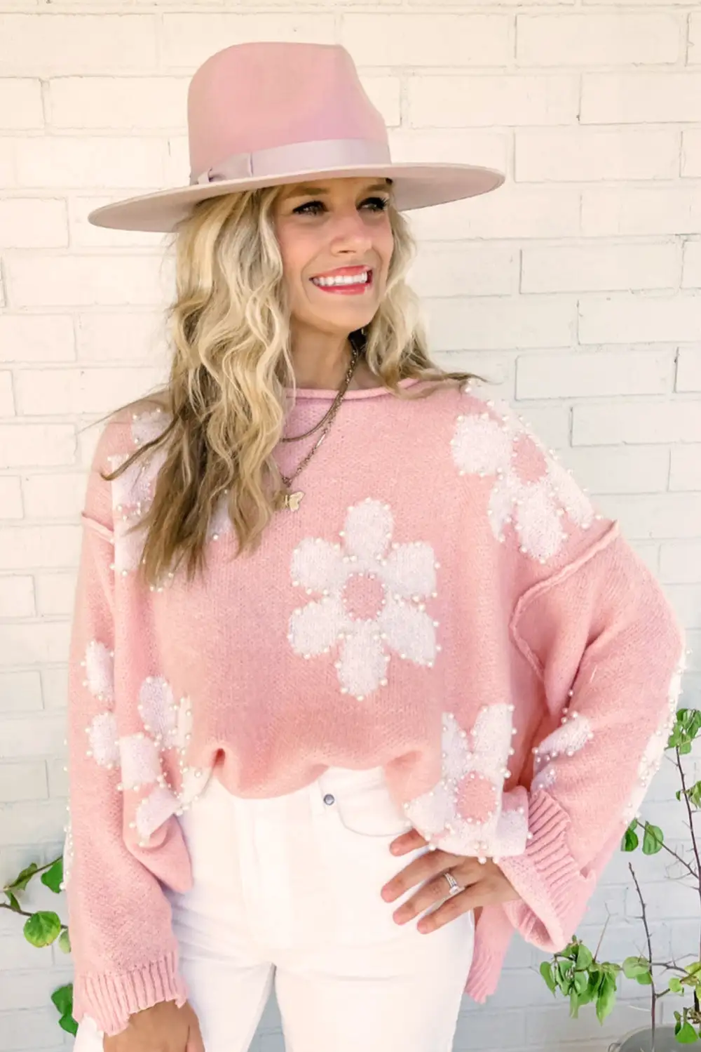 Pearl Beaded Floral Drop Shoulder Sweater