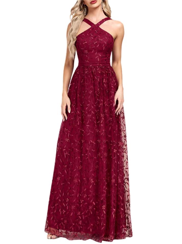 WINE RED 1920S EMBROIDERED MESH MAXI DRESS