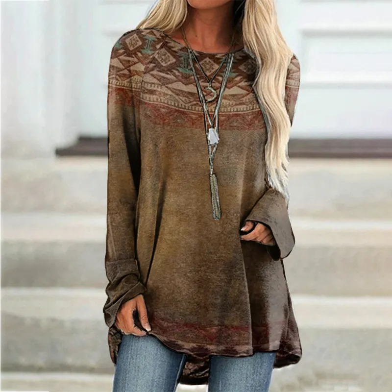 Western Round Neck Geometry Printed Color Block Long Sleeve Tunic