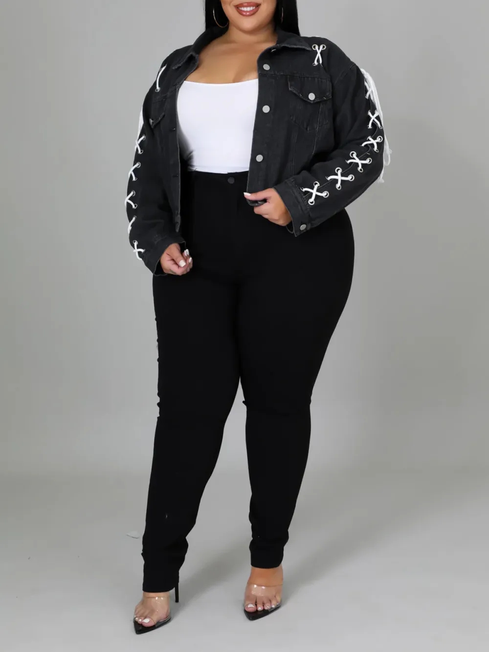 Plus-Size Fashion Women'S Lace-Up Denim Jacket