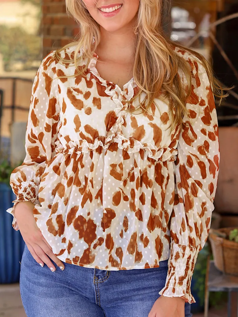 Leopard embellished V-neck ruffled casual shirt