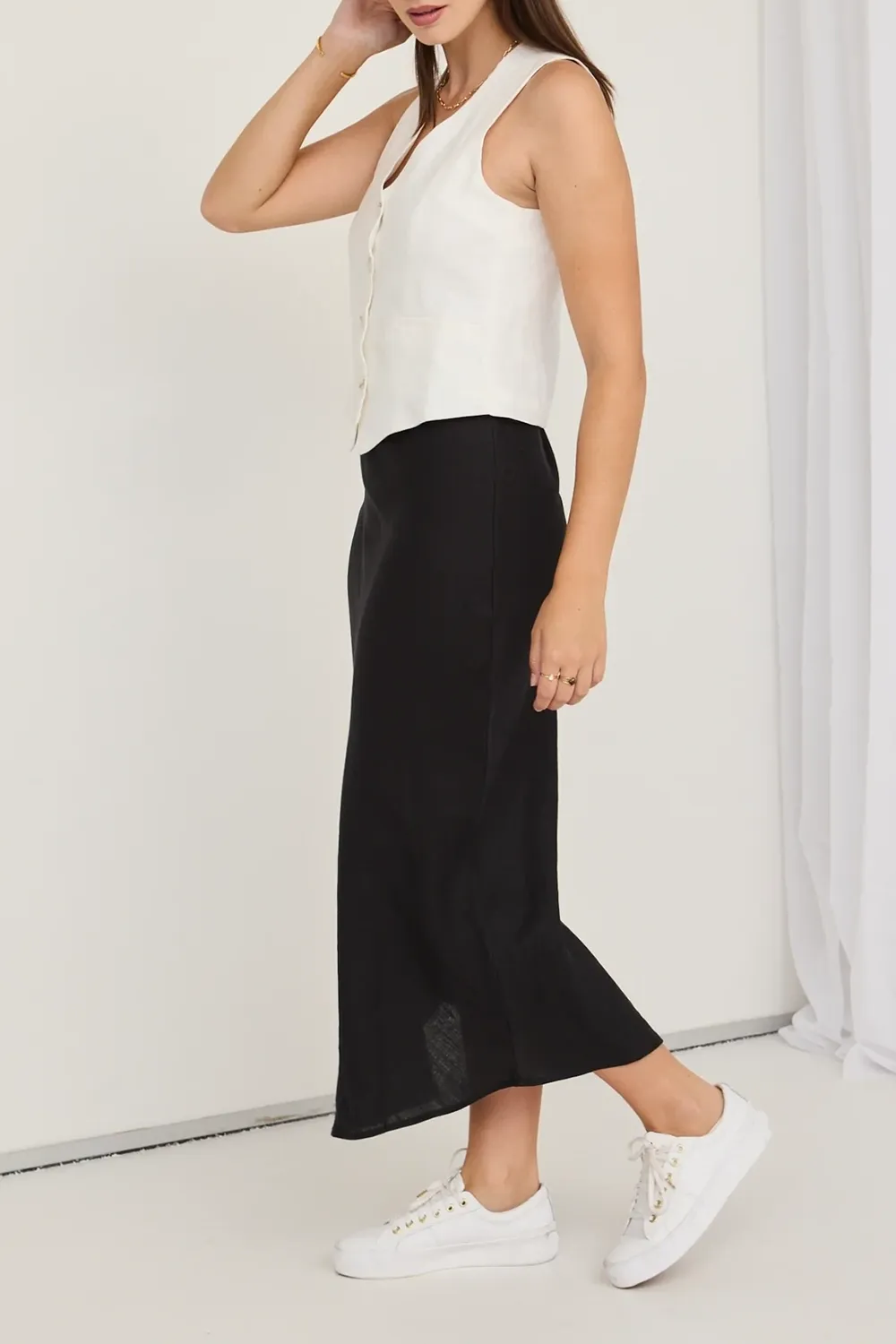 Bliss Black Linen Bias Midi Skirt